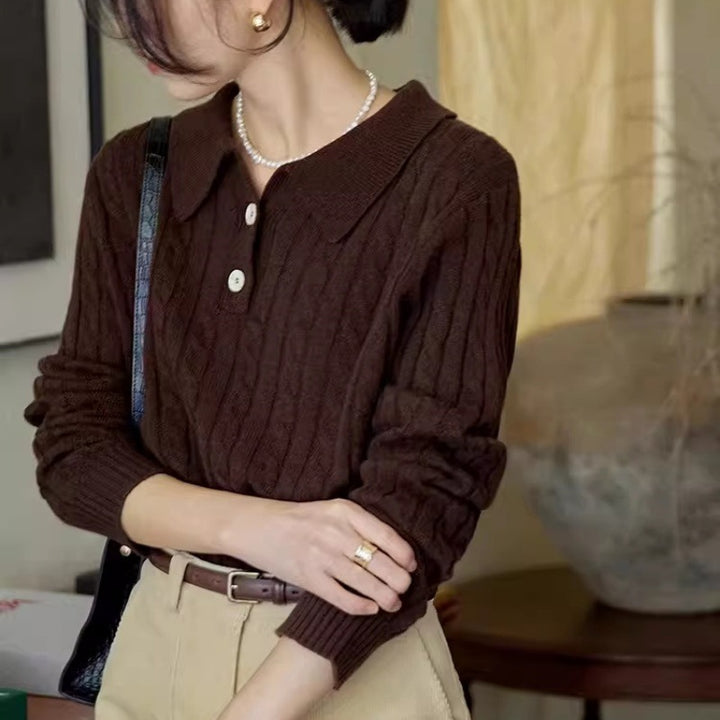 Damen Polokragen‑Zopfstrickpullover mit halber Knopfleiste Drune