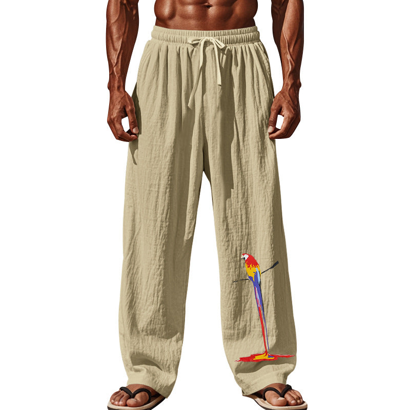 Herren nan lässige Leinen-Loungehose mit elastischem Komfortbund, Kordelzug, weitem Bein und dekorativer Papageien-Stickerei Drune
