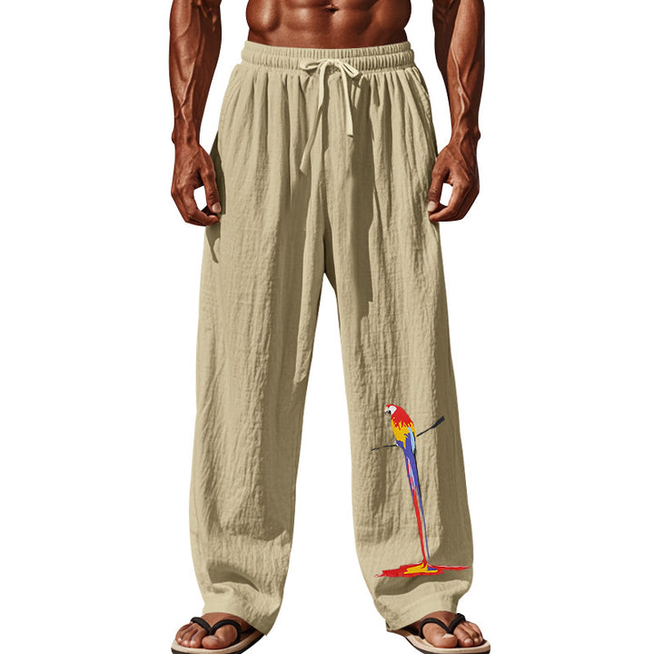 Herren nan lässige Leinen-Loungehose mit elastischem Komfortbund, Kordelzug, weitem Bein und dekorativer Papageien-Stickerei Drune