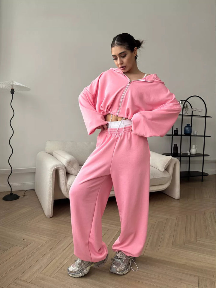 Damen kurzes Kapuzenzipper-Lounge-Set mit oversized Ärmeln und weitem Jogginghose-Schnitt Drune
