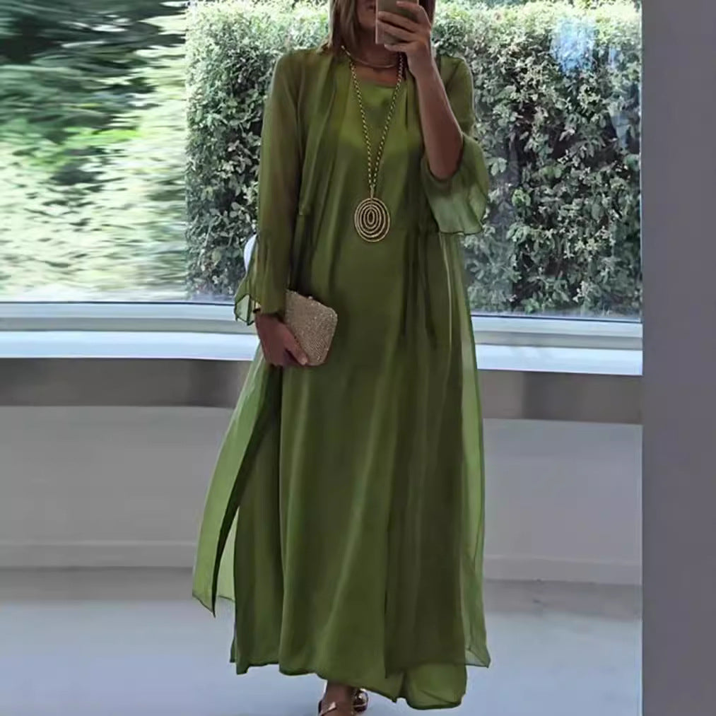 Damen nan elegante Lagen-Abendrobe mit gefüttertem Innenkleid, transparentem Chiffon-Überwurf und taillenverstellbaren Bändern Drune