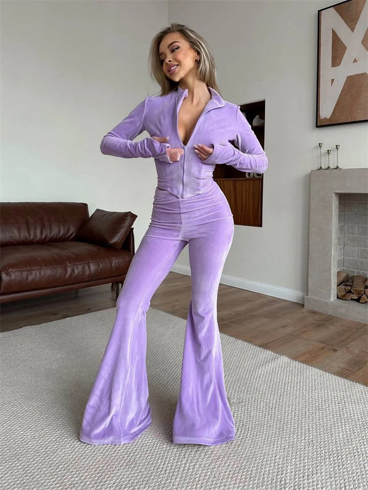 Damen nan taillierter Velours-Overall mit Halbzip, Kapuze und ausgestelltem Schlag Drune