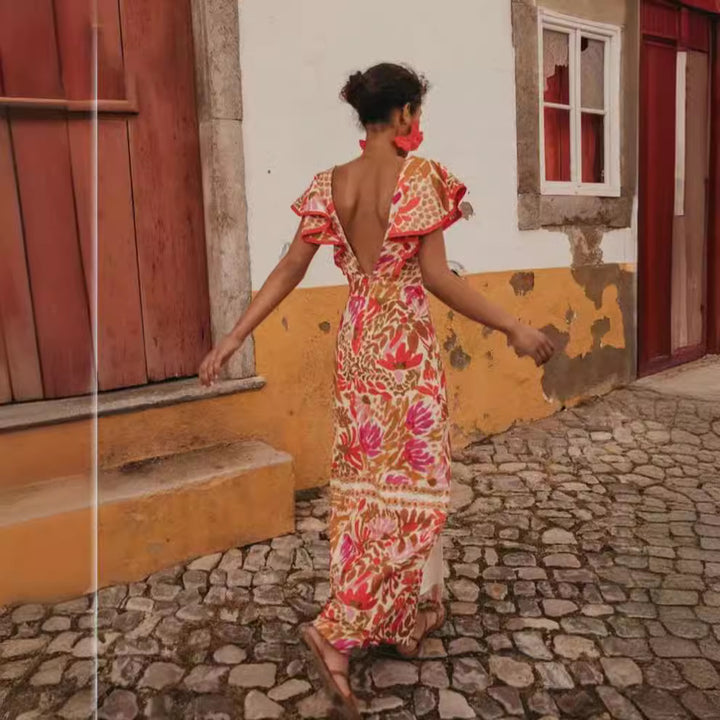 Damen Maxikleid mit farbenfrohem floralem Muster und Volantärmel Drune