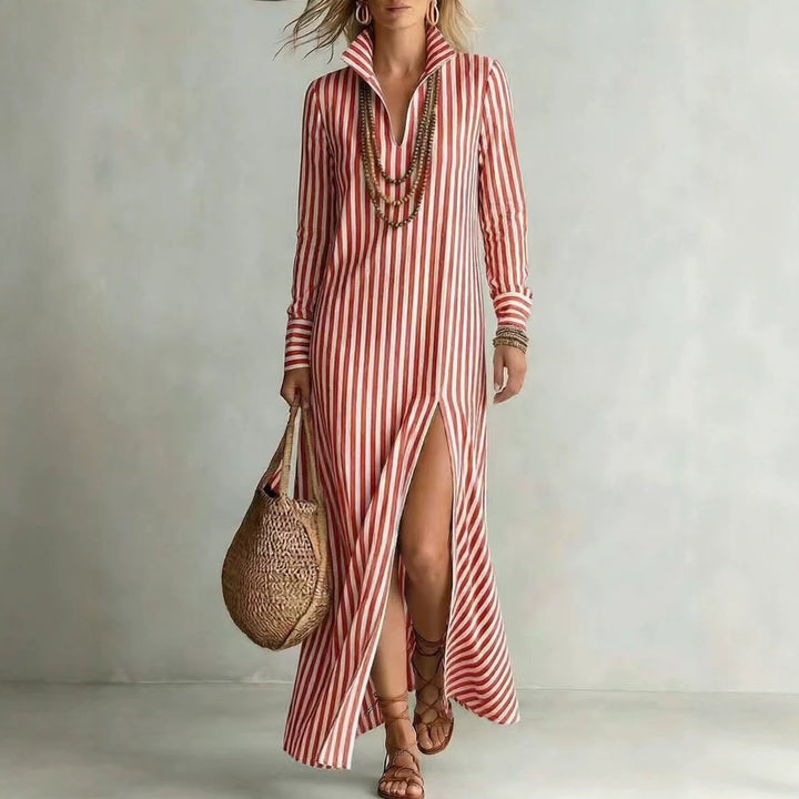 Damen Langes Hemdkleid im Streifen-Look mit Kragen, langen Ärmeln und hohem Beinschlitz Drune