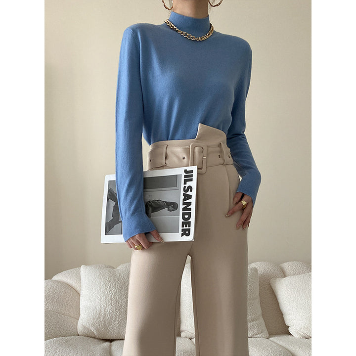 Damen elegantes Langarmoberteil mit hohem Kragen und feiner Rippstruktur Drune