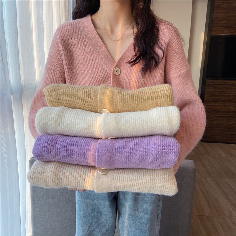 Damen lässige Strickjacke mit V-Ausschnitt und großen Knöpfen Drune