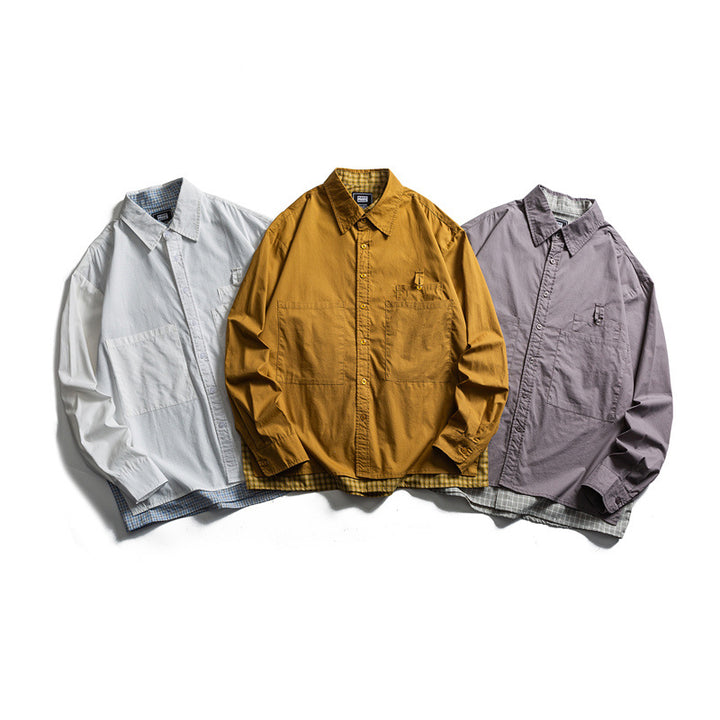 Unisex Oversize Hemdjacke im Lagenlook mit aufgesetzten Brusttaschen und karierter Einsatzkante Drune