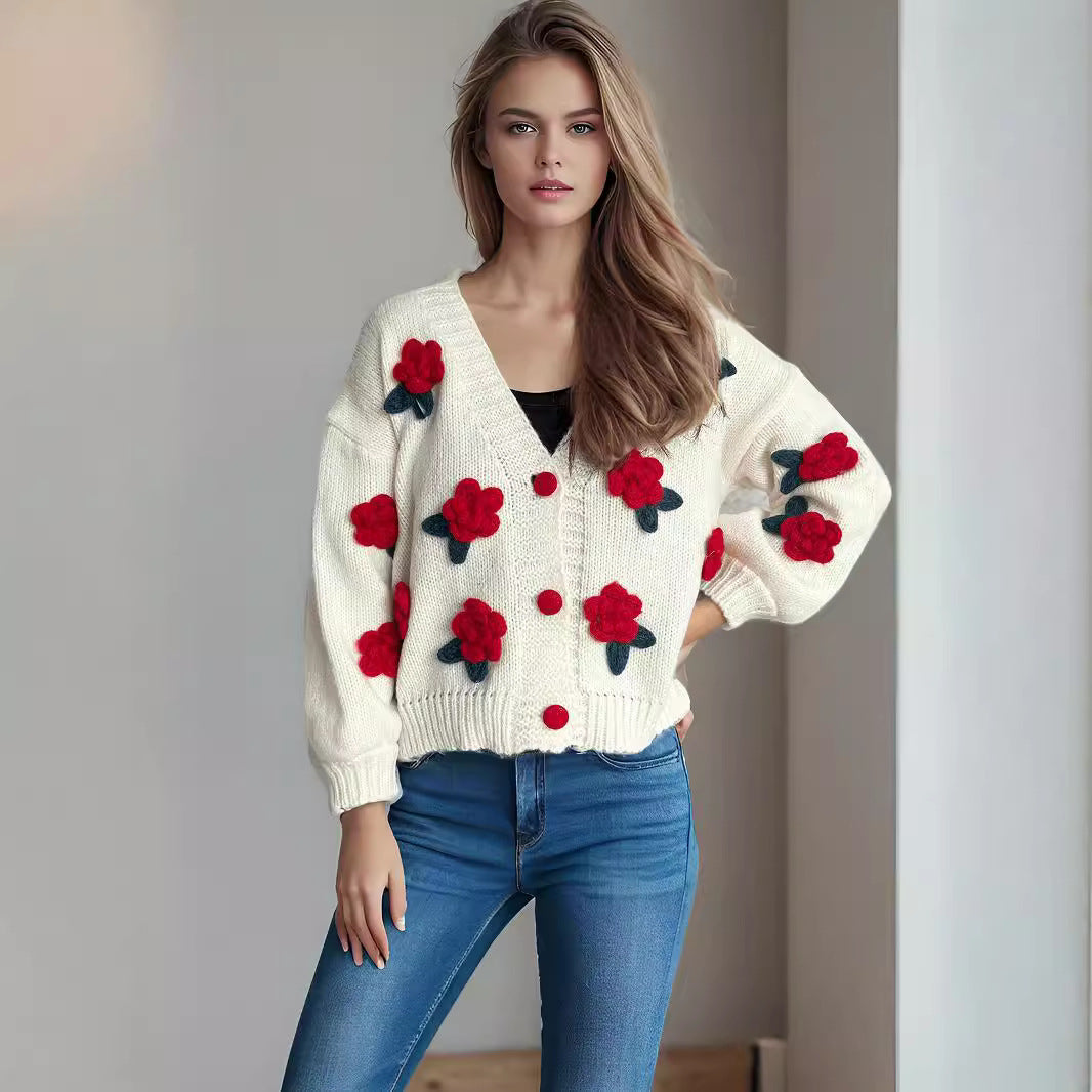 Damen kuschelige Strickjacke mit floralem 3D-Design und großen Knöpfen Drune