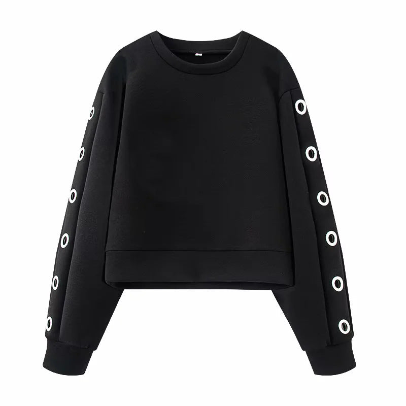 Damen nan kurzes Oversize Sweatshirt mit dekorativen Metallösen an den Ärmeln Drune