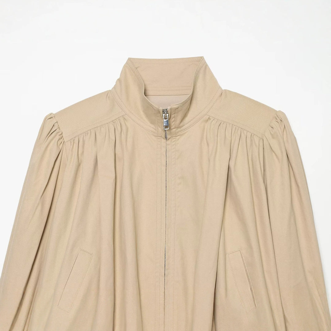 Damen Leichte Cropped Jacke mit gerafften Schultern, Stehkragen und Reißverschluss Drune
