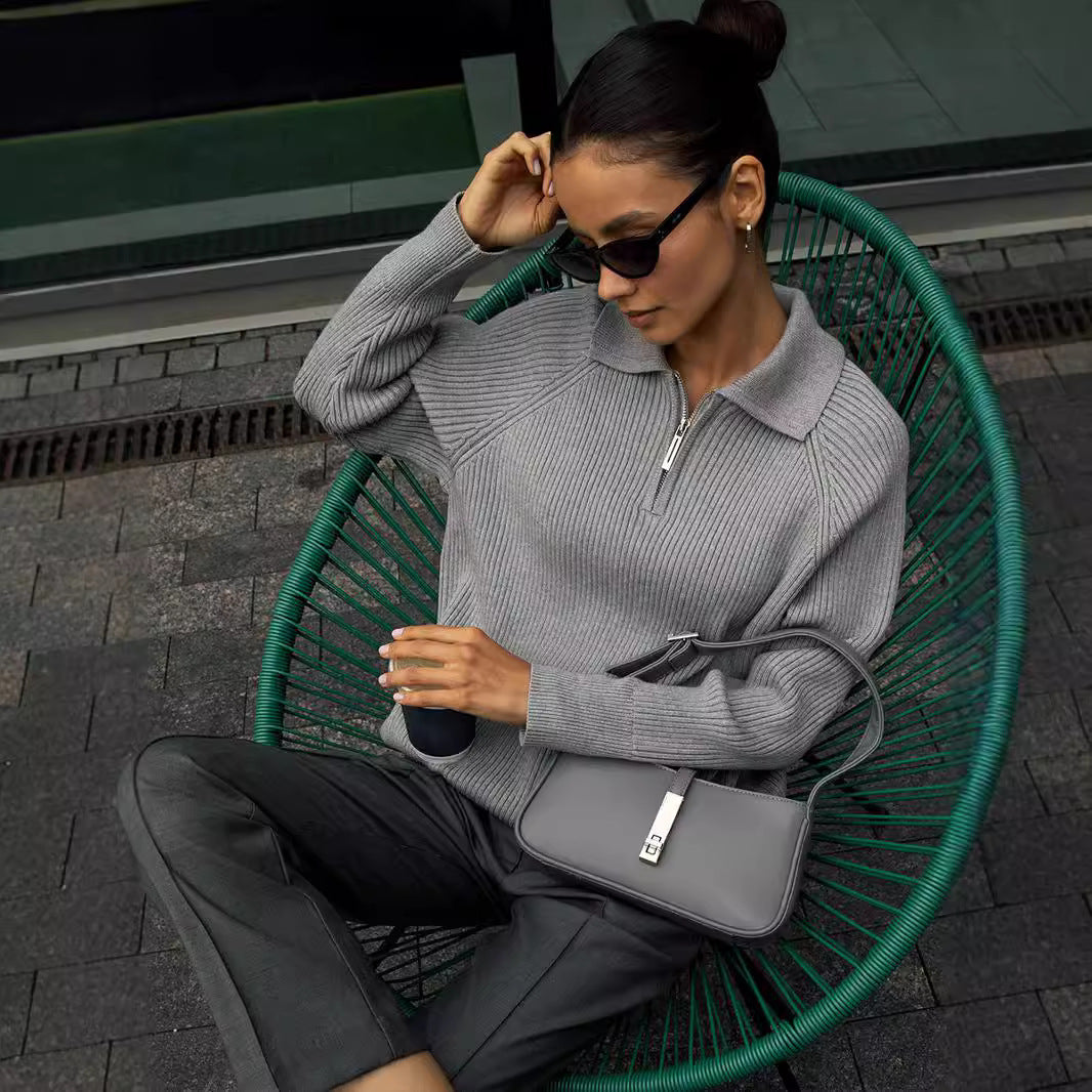 Damen Gemütlicher Feinstrickpullover mit Kängurutasche und Kragen Drune