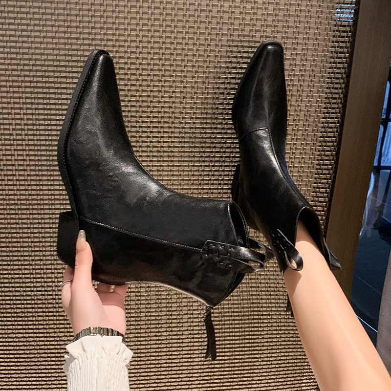 Damen elegante Chelsea-Stiefeletten mit spitzem Zehen-Design und robustem Blockabsatz Drune