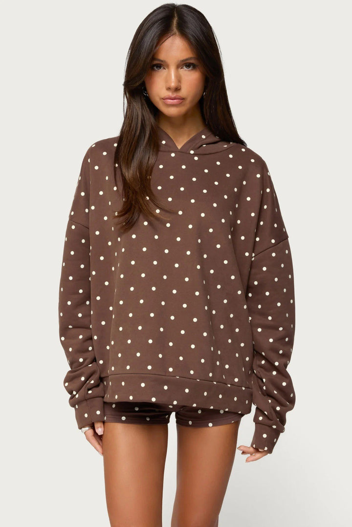 Damen nan gepunktetes Komfort-Set mit Kapuzensweatshirt, Kängurutasche und Shorts Drune
