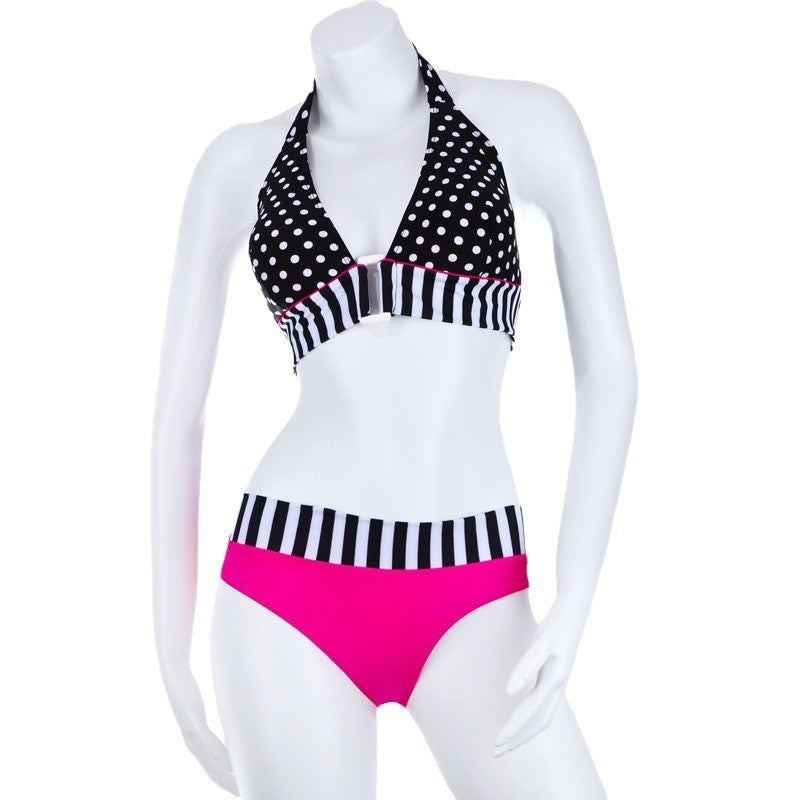 Damen Triangel-Bikini mit kontrastierenden Streifen und Punkten Drune