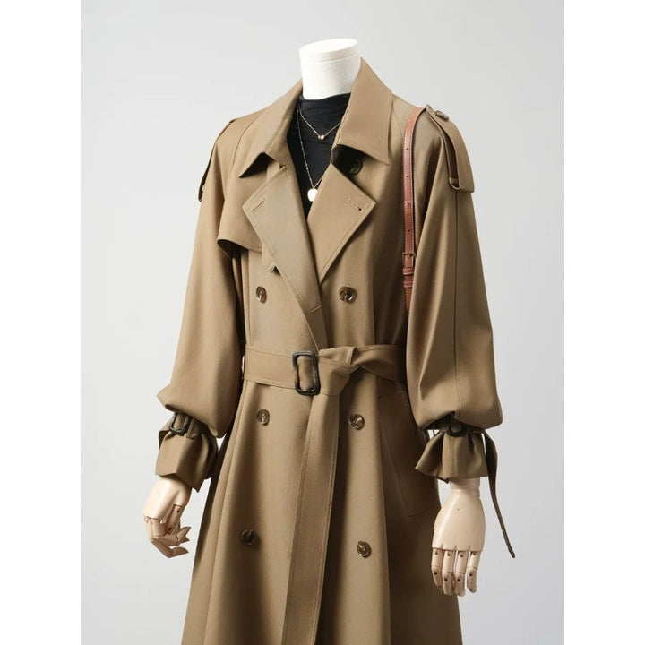 Damen Doppelreihiger Trenchcoat mit Taillengürtel und Ballonärmeln Drune