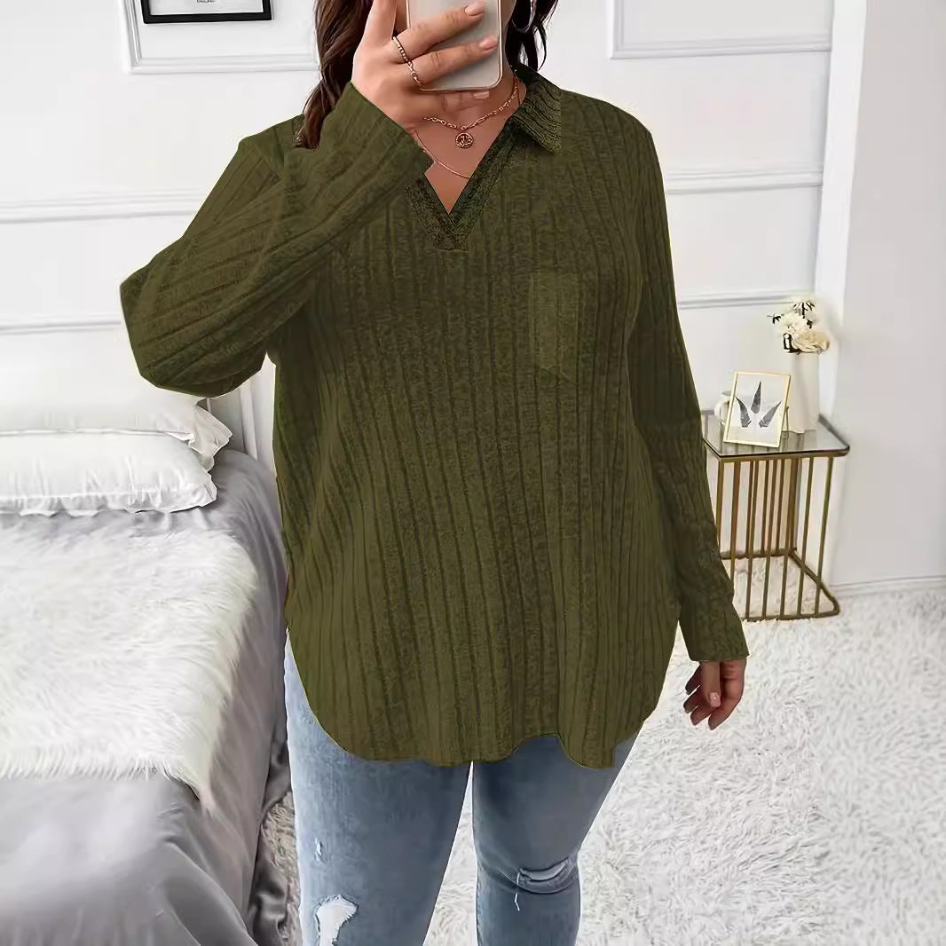 Damen Gerippter V-Ausschnitt Pullover mit Hemdkragen und lockerer Tunika-Silhouette Drune