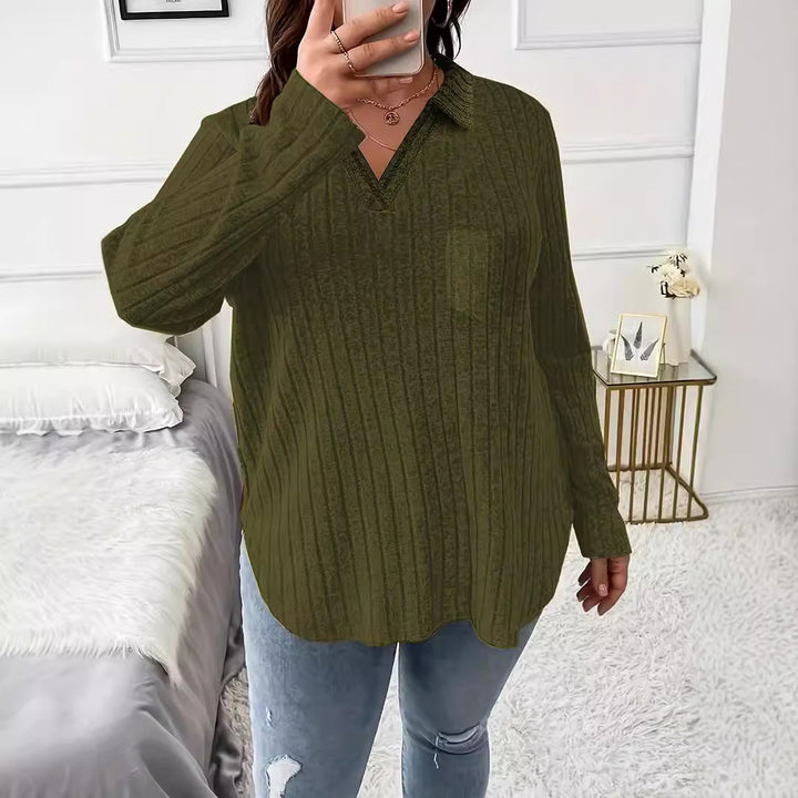 Damen Gerippter V-Ausschnitt Pullover mit Hemdkragen und lockerer Tunika-Silhouette Drune