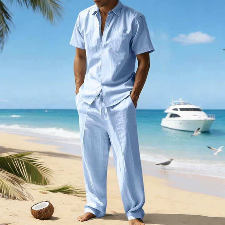 Herren nan resort-taugliches Kurzarm-Hemd mit Brusttasche und lässiger Leinen-Kordelhose Drune