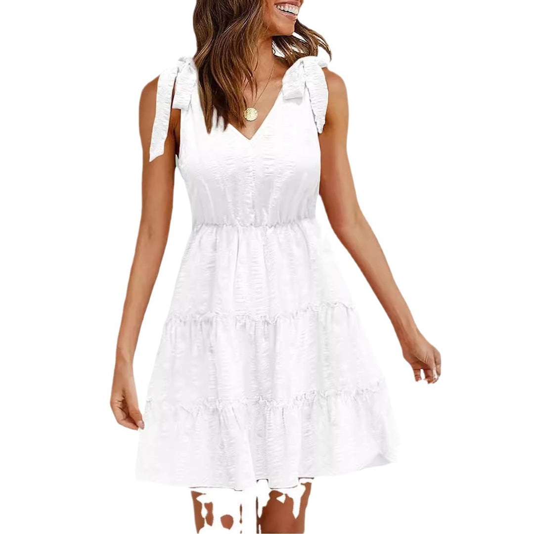 Damen ärmelloses Sommerkleid mit Rüschen und V-Ausschnitt Drune