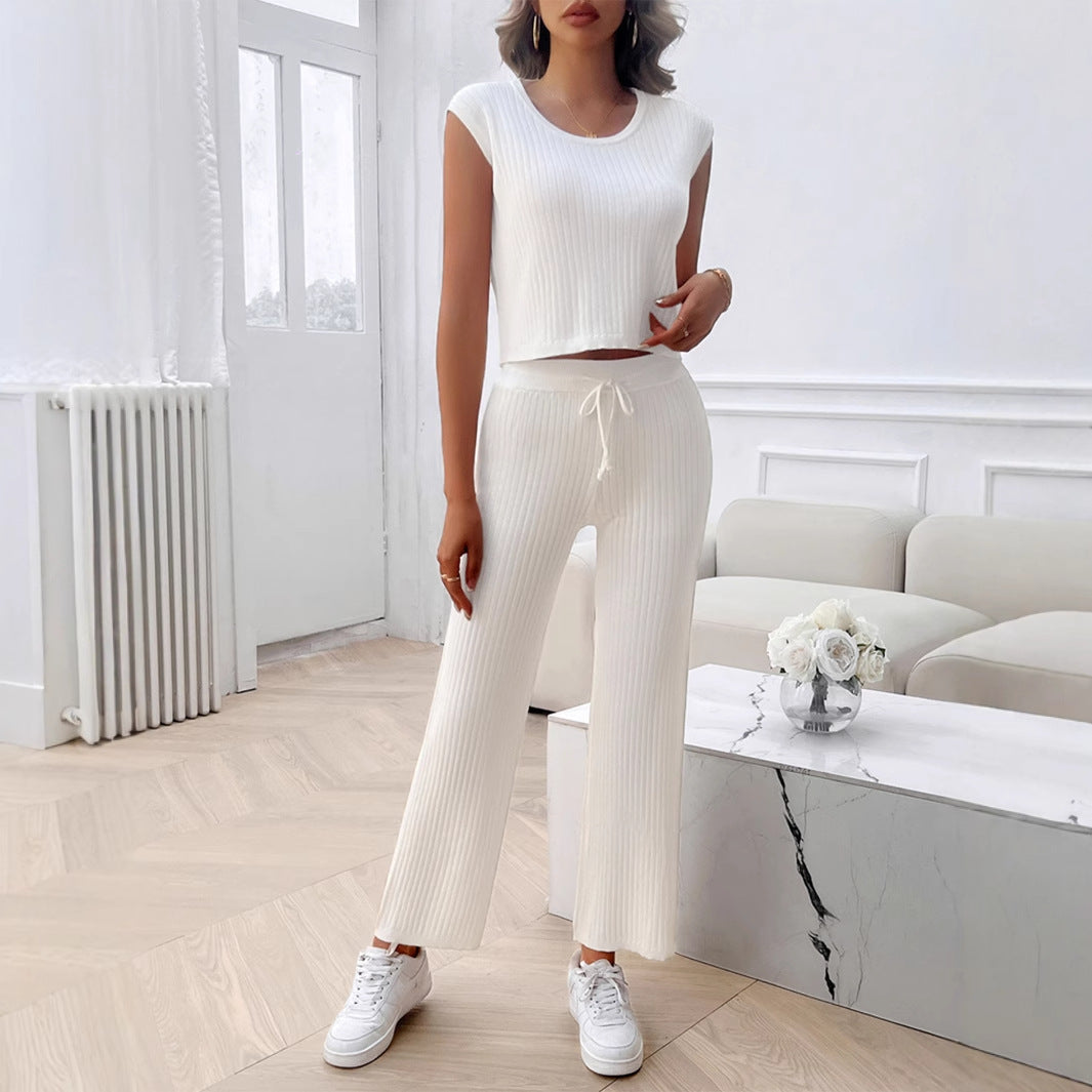 Damen Strick Zweiteiliges Set mit cropped Oberteil und weiter Hose Drune