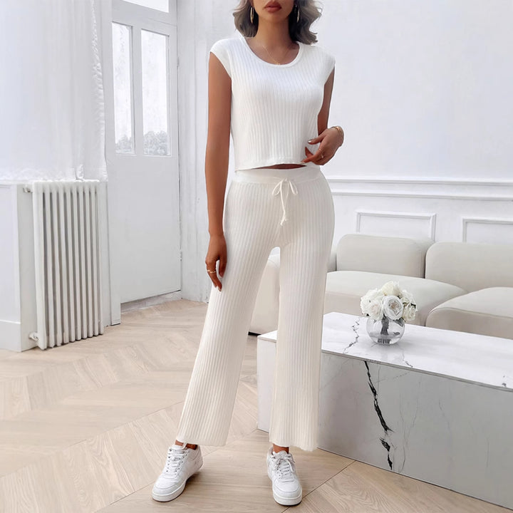 Damen Strick Zweiteiliges Set mit cropped Oberteil und weiter Hose Drune