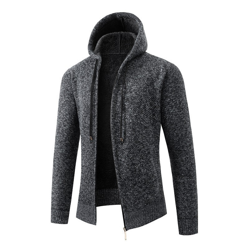 Herren nan melierte Strickzip-Kapuzenjacke mit wärmendem Teddyfutter, verdecktem Zwei-Wege-Reißverschluss und elastischen Bündchen Drune
