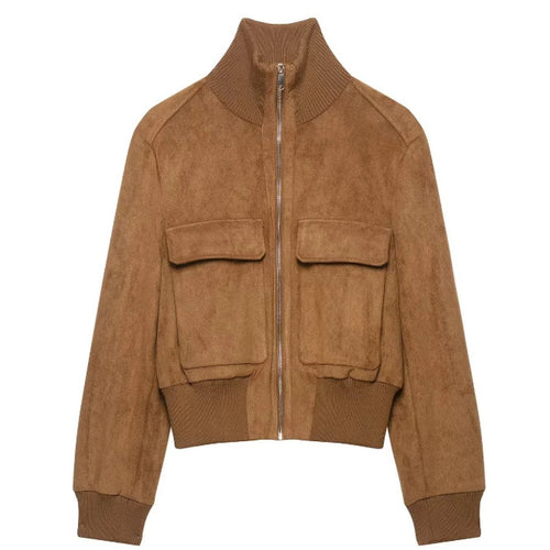 Damen Kurzer Veloursleder‑Bomber mit Stehkragen, aufgesetzten Klappentaschen und Rippenbündchen Drune