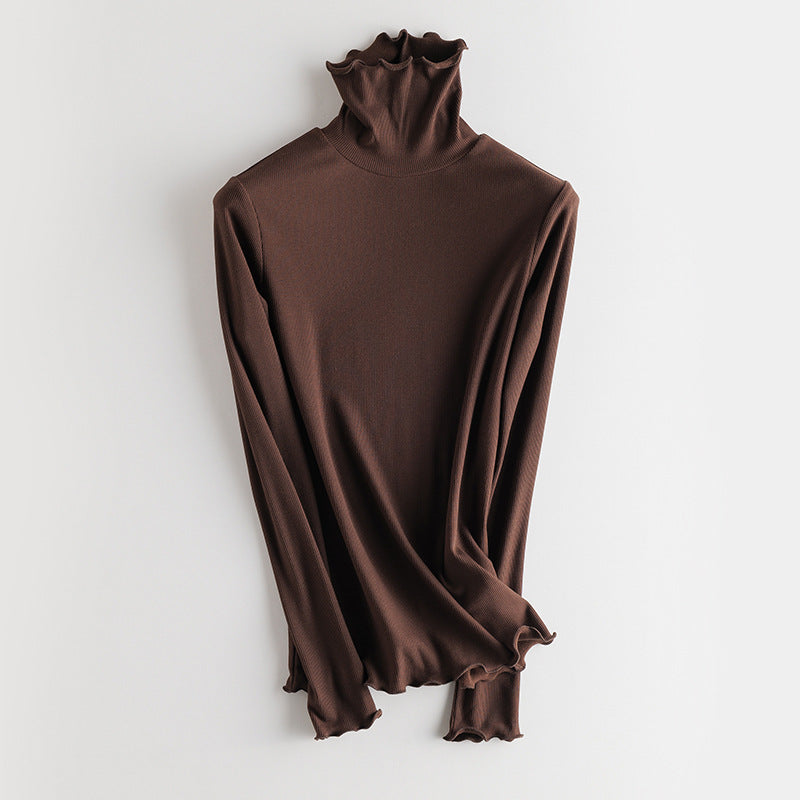 Damen Feines Ripp-Langarmshirt mit Rollkragen und Volantkanten Drune