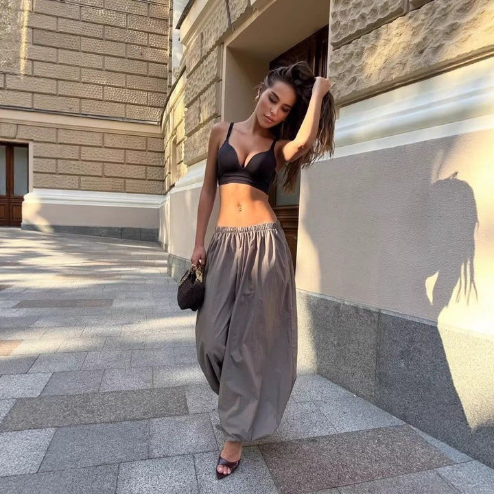 Damen weit geschnittene High-Waist Palazzo-Hose mit elastischem Bund und fließender Sommerqualität Drune