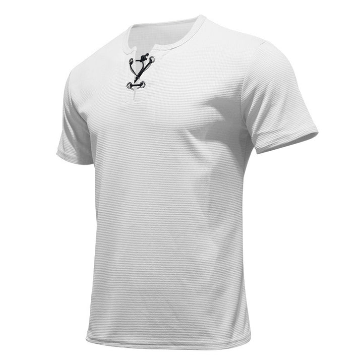 Herren nan Kurzarmshirt mit Schnürkragen, Metallösen und feinem Strukturjersey Drune