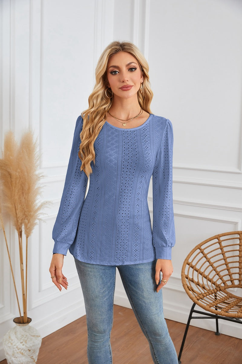 Damen Bluse mit luftigen Lochmustern und eleganten Puffärmeln Drune