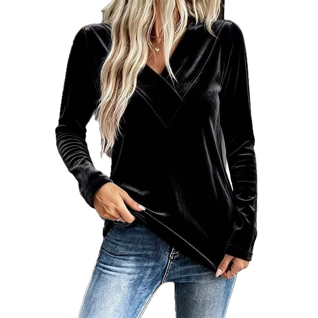 Damen Velours-Longsleeve mit überlappendem V-Ausschnitt und femininer Drapierung Drune