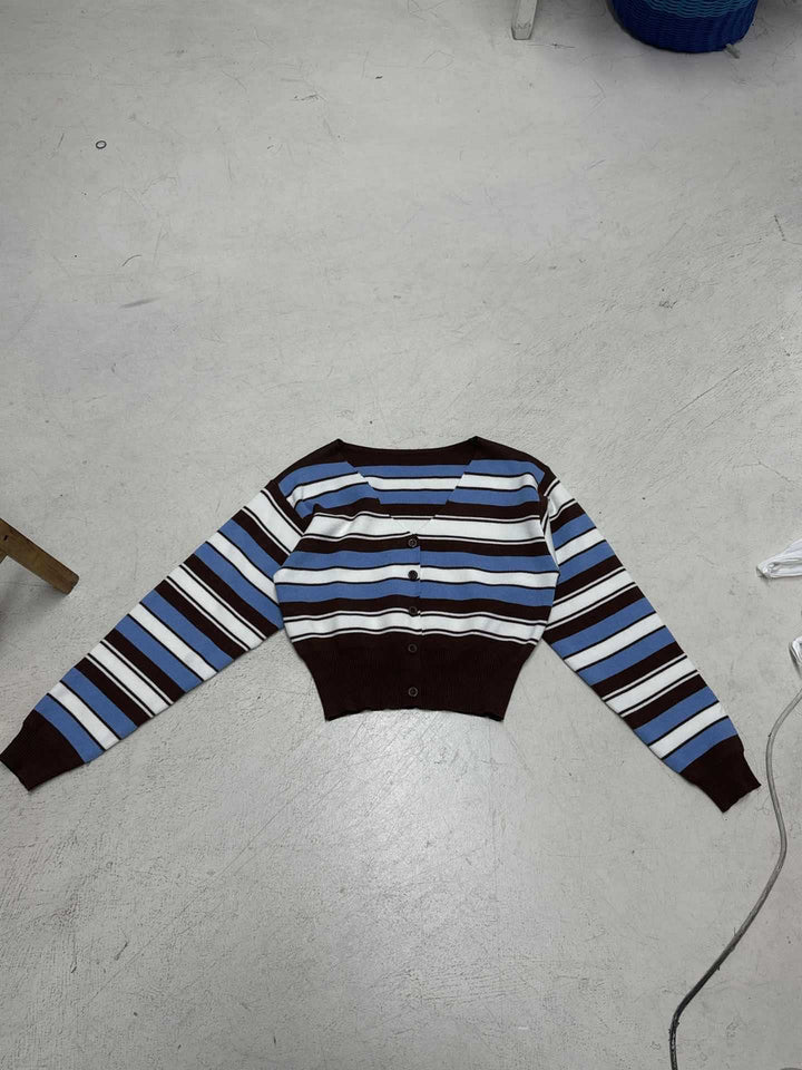 Damen Kurzgeschnittene gestreifte Strickjacke mit V-Ausschnitt und tailliertem Rippbund Drune