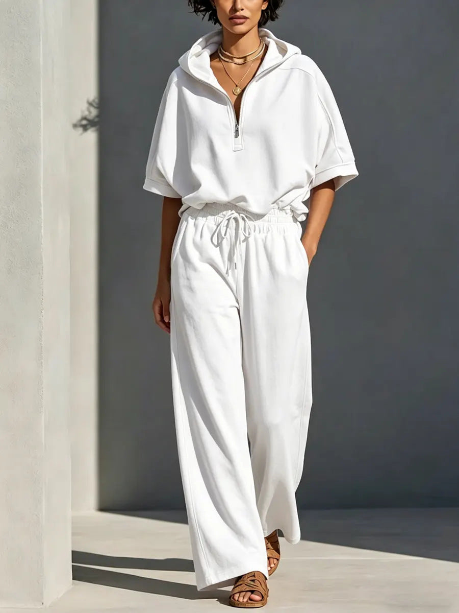 Damen Lässiges Lounge-Set mit Kapuzenpullover mit halbem Reißverschluss und weiter Palazzohose Drune
