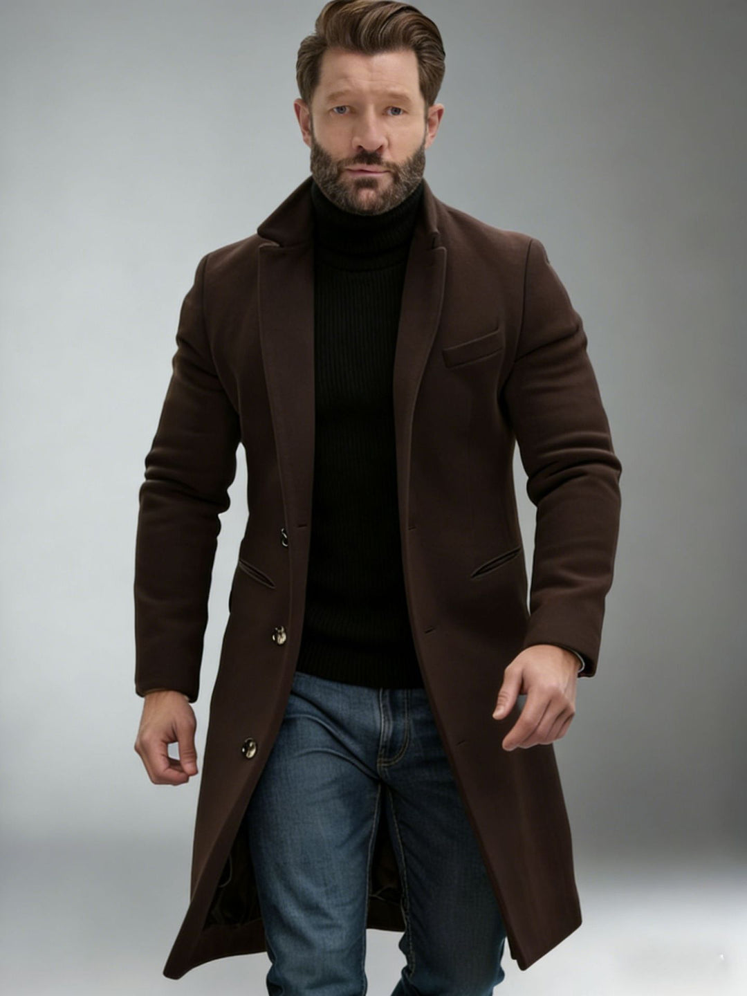 Herren Eleganter einreihiger Langmantel aus Wollmix mit schmaler Silhouette und Reverskragen Drune