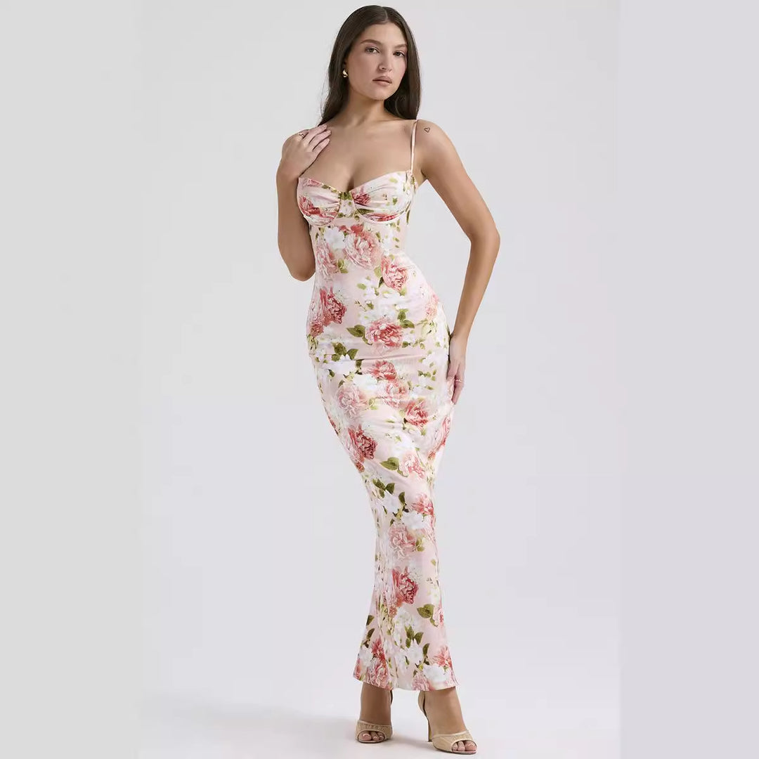 Damen Körperbetontes Maxikleid mit floralen Akzenten und verstellbaren Spaghettiträgern Drune