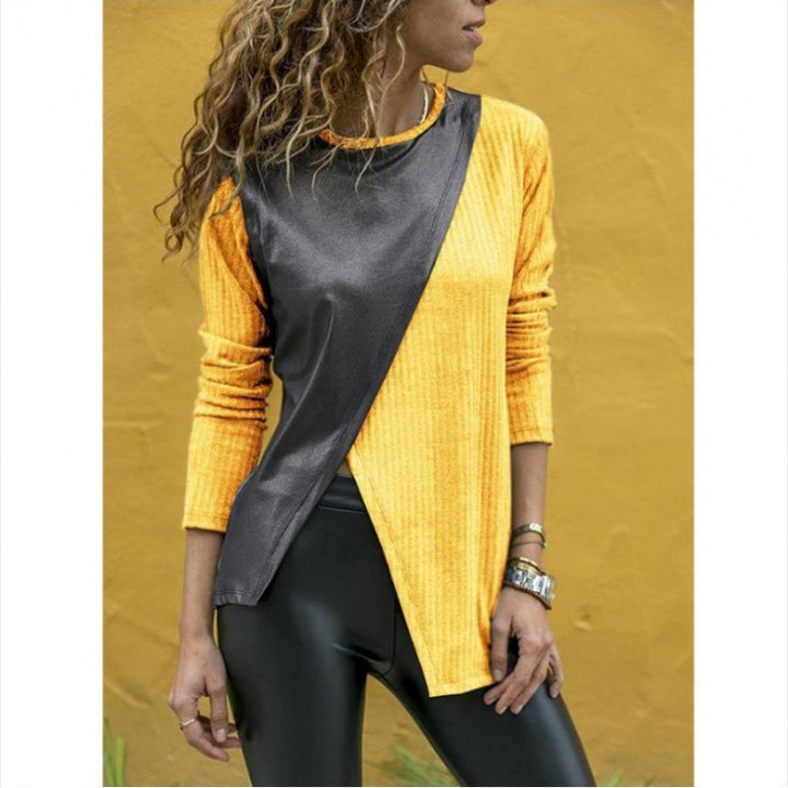 Damen Asymmetrisches Longsleeve mit Lederoptik‑Overlay und Rippstrick Drune