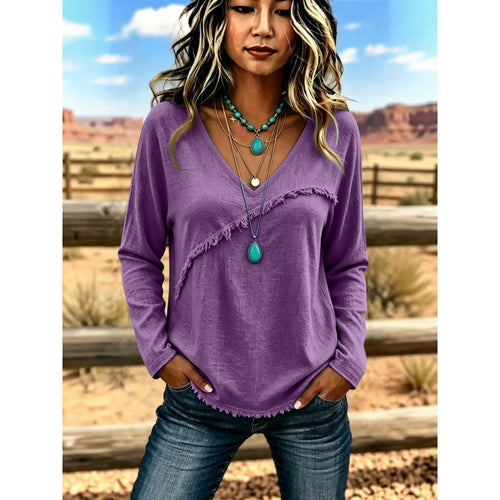 Damen Lässiges V-Ausschnitt Langarmshirt mit diagonaler Fransenblende und Strukturstoff Drune