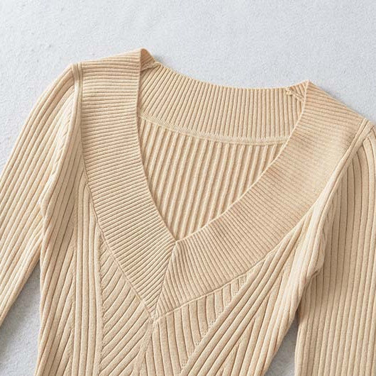 Damen Taillierter Rippstrick-Pullover mit V-Ausschnitt und formgebender Struktur Drune