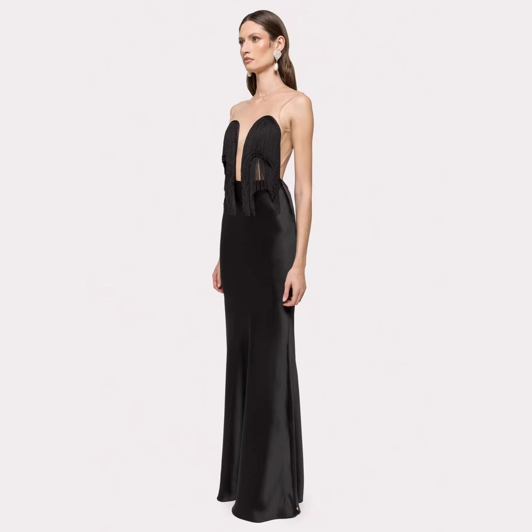 Damen Langärmliges Maxikleid mit tiefem V-Ausschnitt und fransierten Details Drune