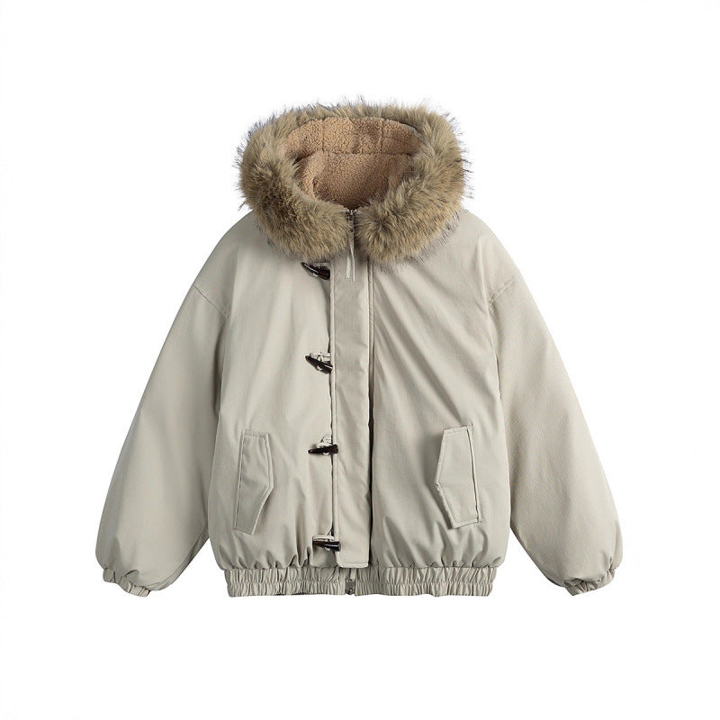 Unisex Gepolsterte Kapuzenjacke im Boxy‑Cut mit Teddyinnenfutter, Kunstfellkragen und Knebelverschlüssen Drune