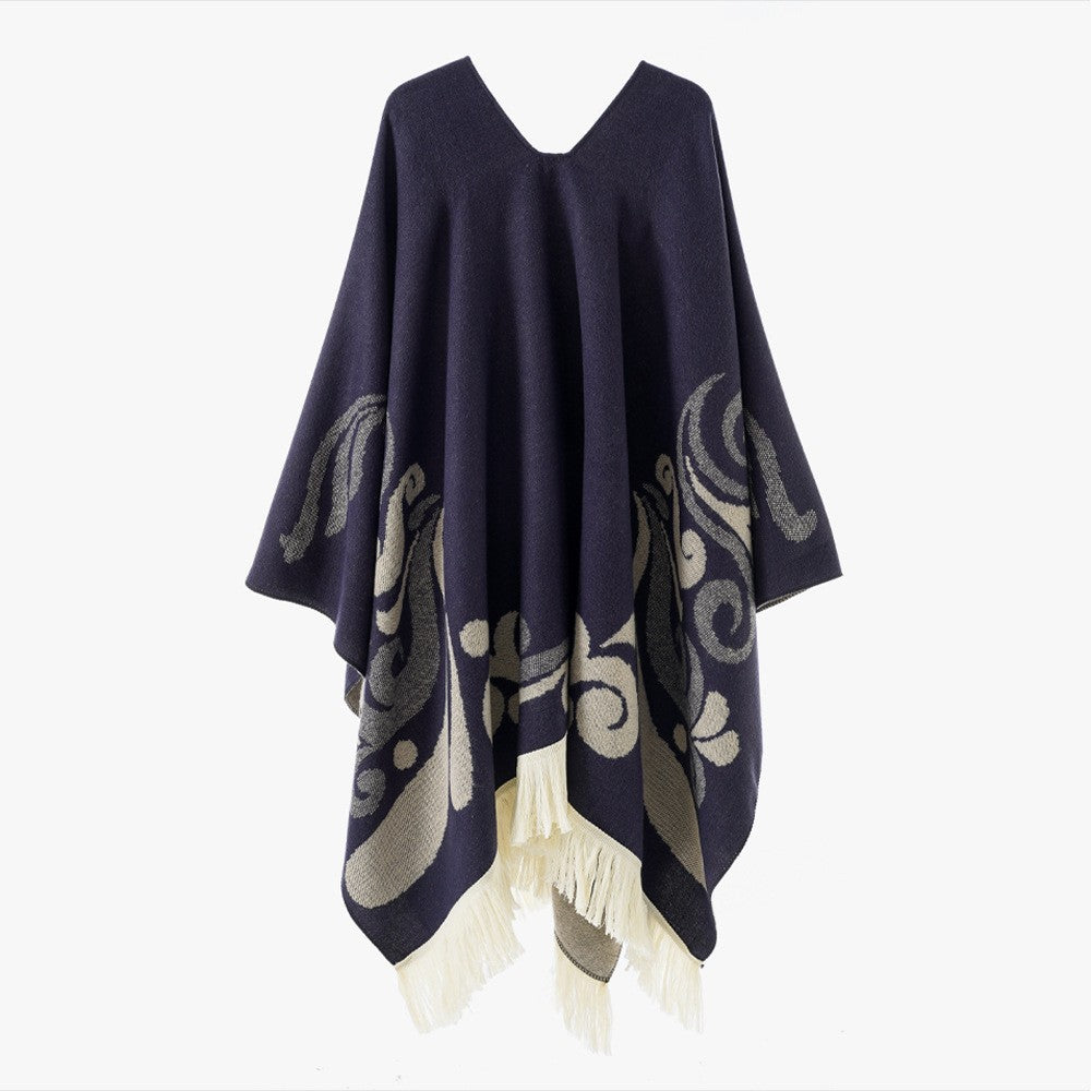 Damen Ornamentaler Jacquard‑Poncho mit V‑Ausschnitt und Fransensaum Drune