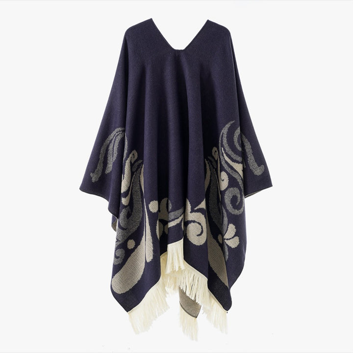 Damen Ornamentaler Jacquard‑Poncho mit V‑Ausschnitt und Fransensaum Drune