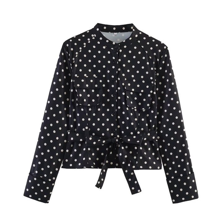 Damen Gepunktete Taillierte Blusenjacke mit Stehkragen, Brusttaschen und Taillenband Drune