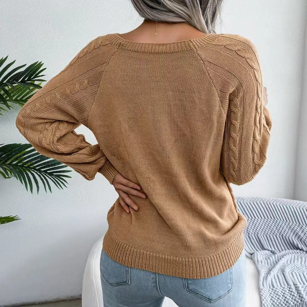 Damen Strickpullover mit tiefem Rundhalsausschnitt und strukturiertem Zopfmuster Drune