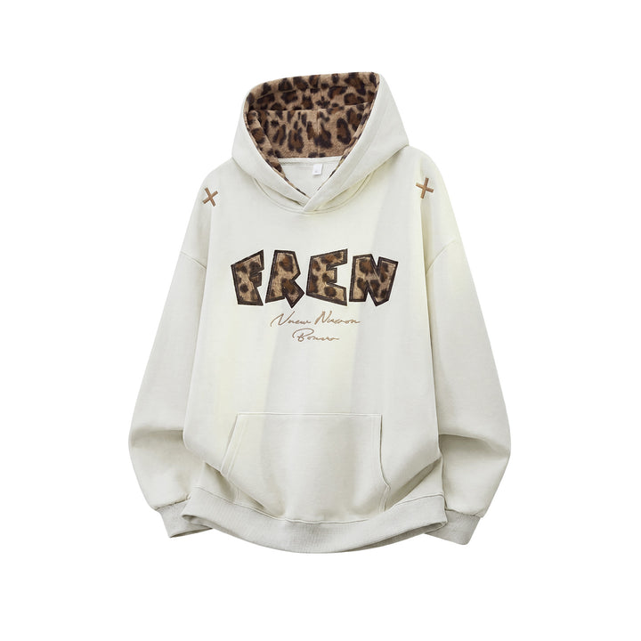 Damen Oversize-Kapuzenpullover mit gefütterter Leopardenkapuze und Applikationsschrift Drune