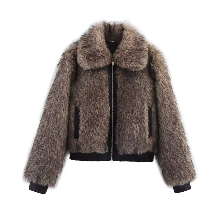 Damen Kurze Kunstpelz-Bomberjacke mit voluminösem Schalkragen und Reißverschluss Drune