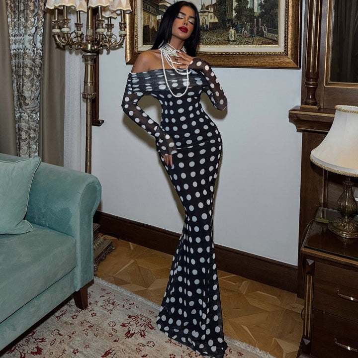Damen Elegantes Maxikleid mit schulterfreiem Design und Punkten Drune