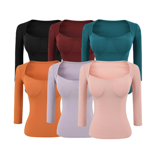 Damen Figurnahes Langarm-Top mit integrierter Bustier‑Kontur und quadratischem Ausschnitt Drune
