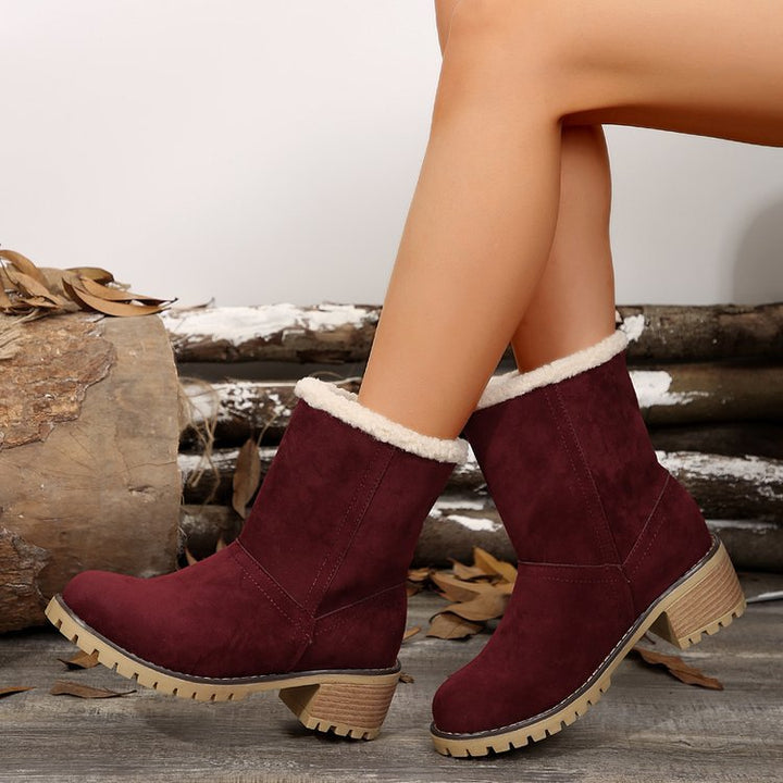 Damen warme Stiefeletten mit flauschigem Schafsfellkragen Drune